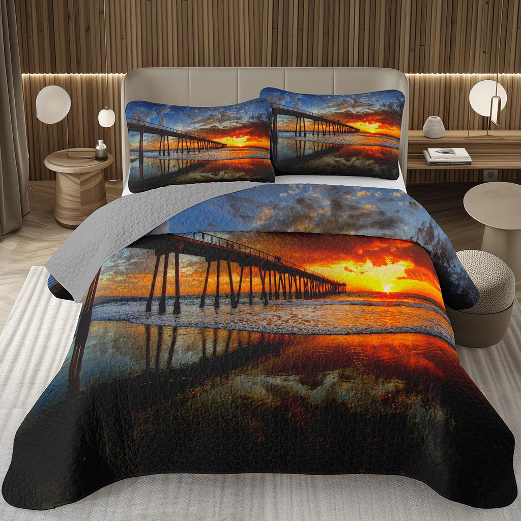 Sunset Scenery Bedspread Queen/Full Natural Landscape Quilted Coverlet 2/3Pcs Reversible Grey Bedding Set for Boy Girl Room Dorm