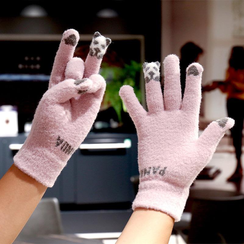 Autumn and winter five-finger gloves knitted student thickened cartoon panda cute warm