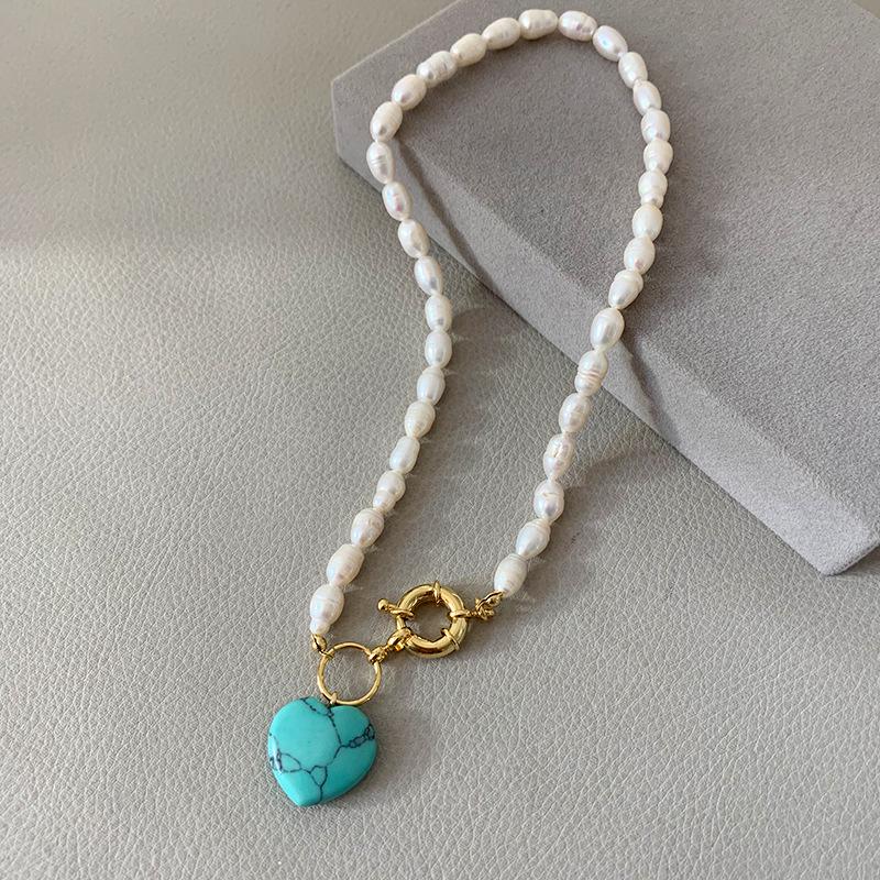 Blue Pine Heart Pendant Necklace with Natural Freshwater Pearls - Niche Design Sweater and Clavicle Chain