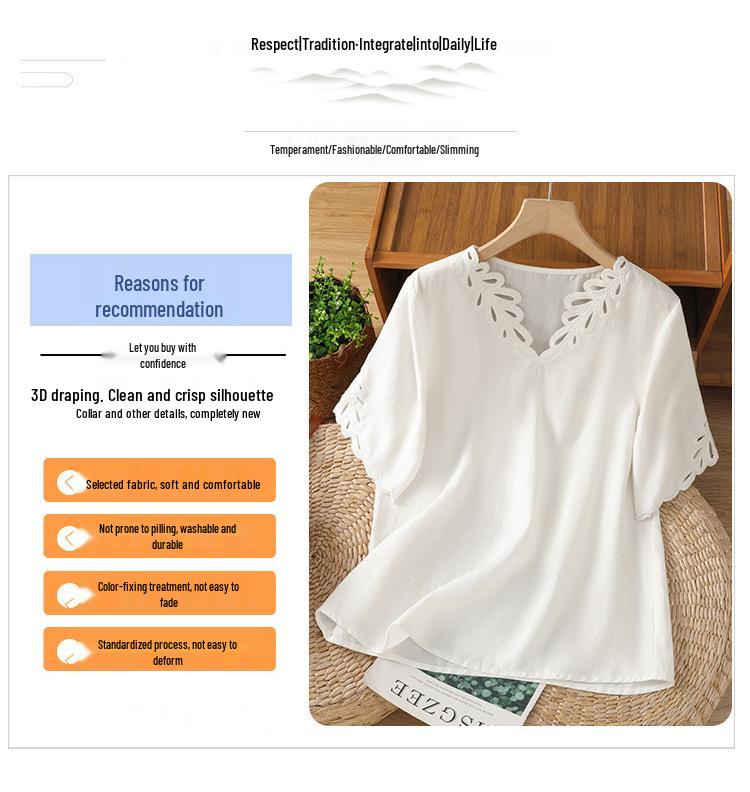 Stylish Blue Ramie Top: Unique & Loose Fit, Pretty Short-Sleeved Shirt for Women, Summer 2025