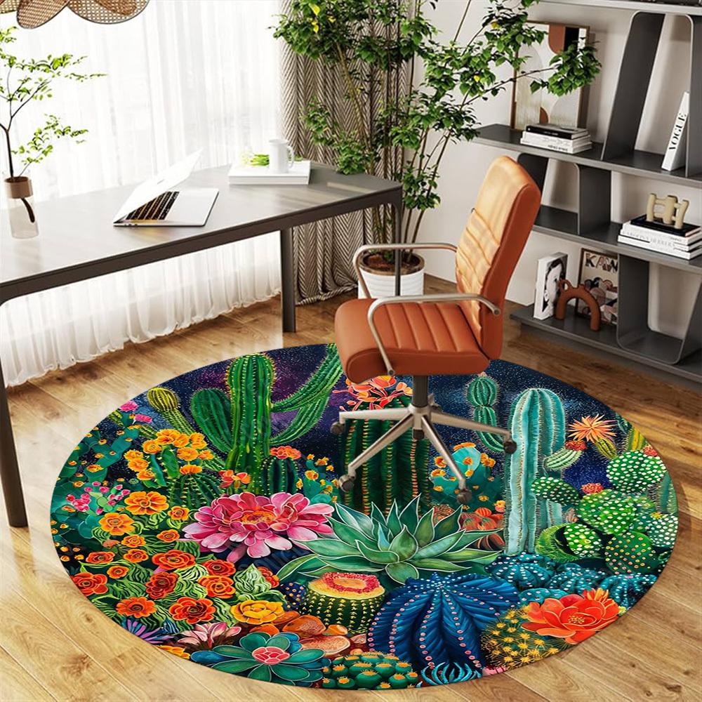 1PC cactus flowers Office Round Area Rug, Under Office Chairs Bedroom Living Room Home Decor, Carpet for Office -1110004