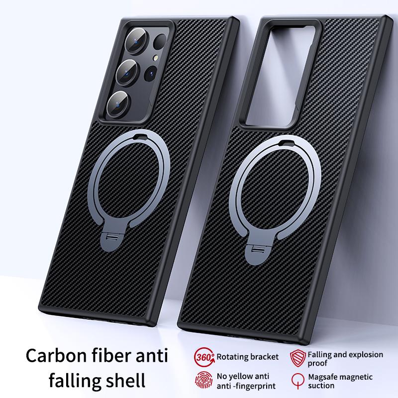 Carbon Fiber Texture Bracket Case for Samsung Galaxy S24 S23 Plus Ultra for Magsafe Wireless Charging Magnetic Ring Holder Cover