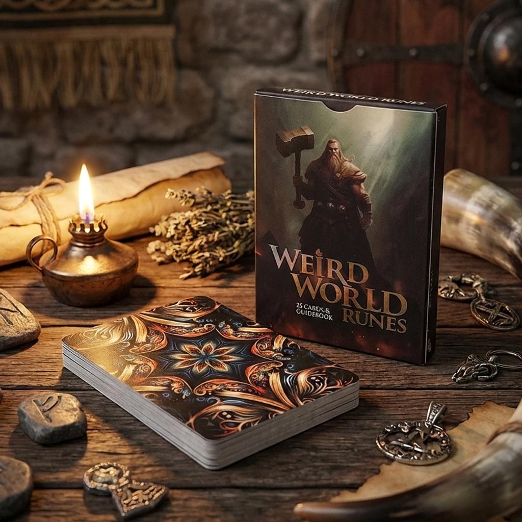 9*6cm Weird World Runes Deck - 25 Elder Futhark Oracle Cards for Divination Printed on 350GSM Double-embossed Cardstock