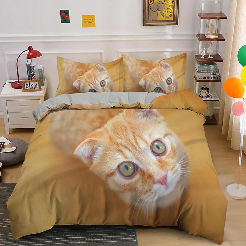 Super Cute Kitten Kids Bedding Set Kawaii Girl Quilt Cove King Queen Size Cute Cat Animal 3pcs Polyester Duvet Cover (No Sheet)