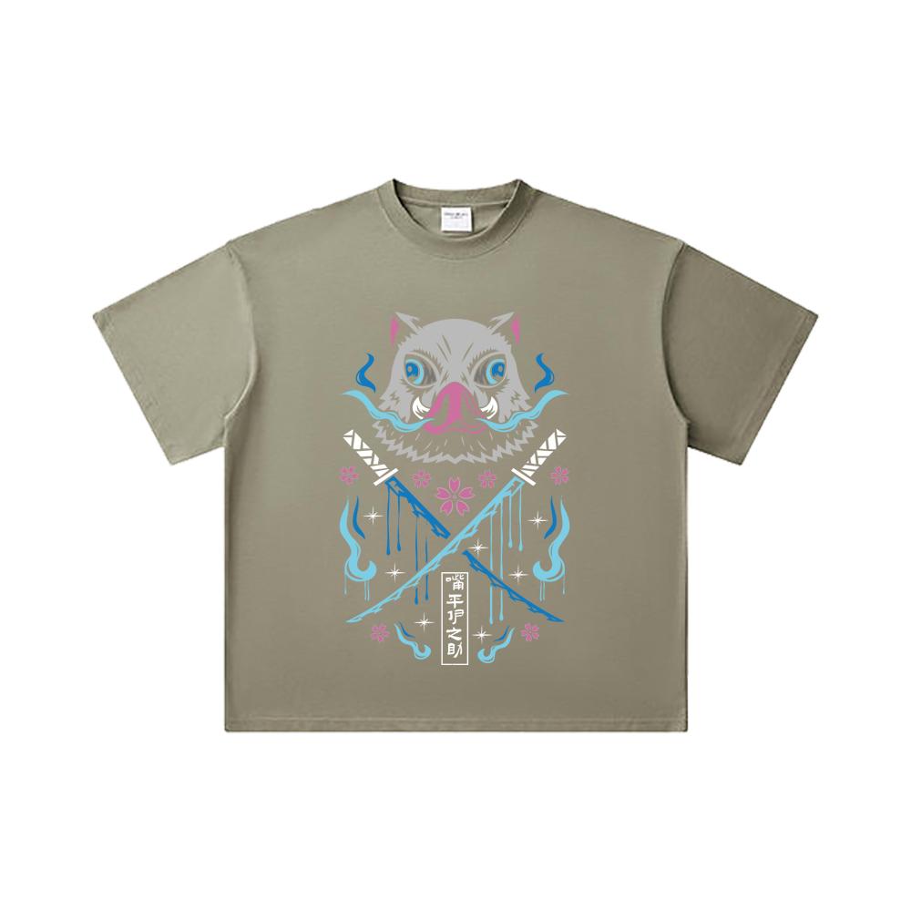 260 GSM Double Yarn 32 Count 100% Cotton Demon Slayer V97 Inosuke Print Unisex Heavy Cotton T Shirt