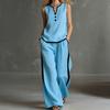 Damen Sommer 2-teilige Outfits Lässig Ärmellos Knopf V-Ausschnitt Oberteil Und Weite Hosen Urlaubs Lounge Sets mit Taschen