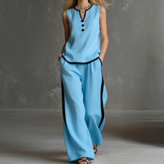 Damen Sommer 2-teilige Outfits Lässig Ärmellos Knopf V-Ausschnitt Oberteil Und Weite Hosen Urlaubs Lounge Sets mit Taschen