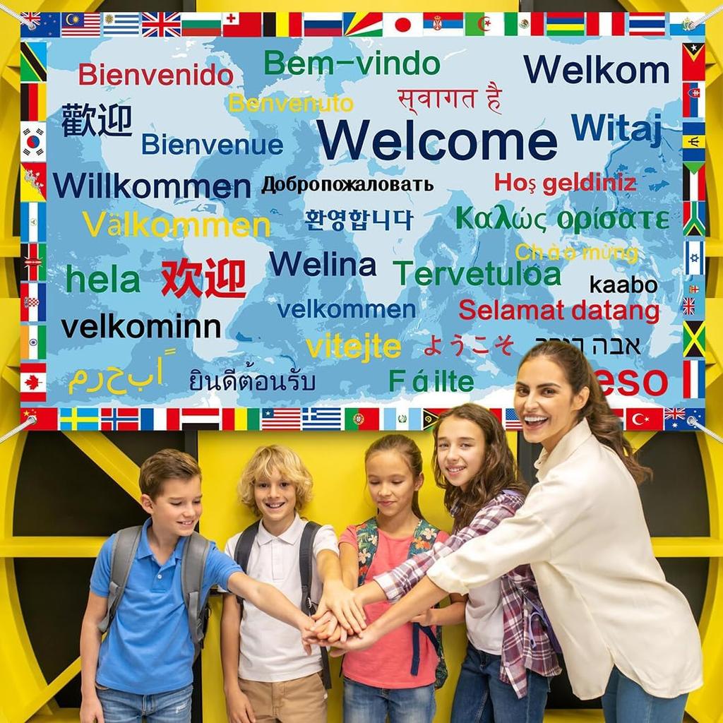 International Welcome Banner Decorations 52 World Country Flags Around the World Multicultural Decor - Large Welcome Backdrop Banner with 32