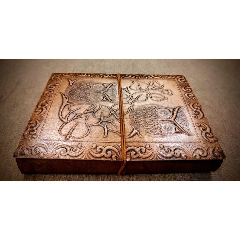 Vintage Owl Embossed Handmade Large Leather Bound Travel Journal Acid Free Cotton Recycled Paper , Deckle Edge Vintage Paper Writing Diary