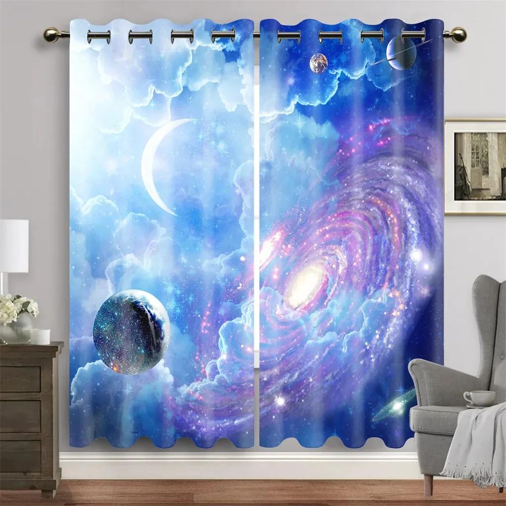 3D Purple Blue Galaxy Space Universe Stars Starry Window Curtains For Living Room Kids Bedroom Bathroom Kicthen Door Home Decor2