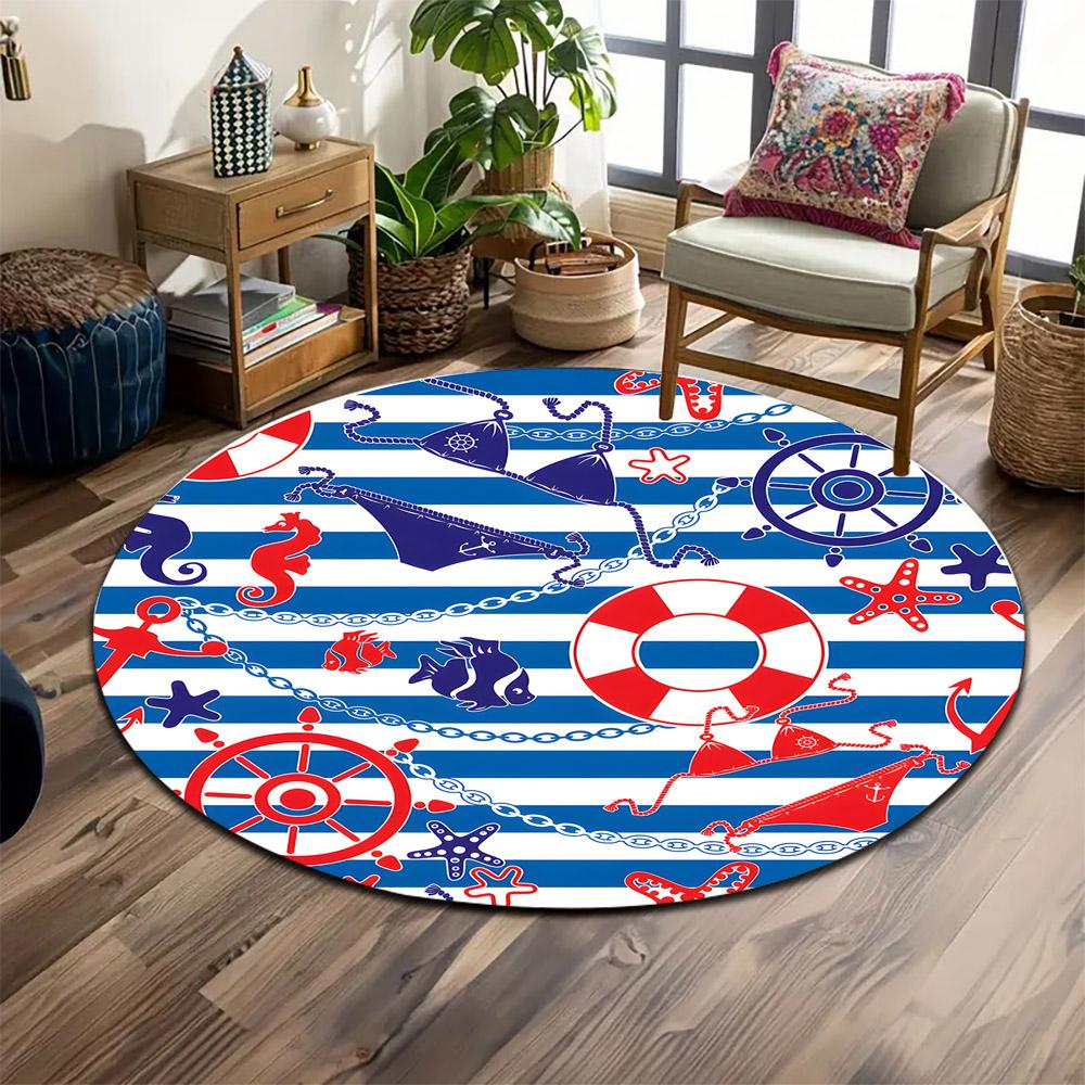 Nautical Theme with Stripes and Symbols Print round rug, living room, bedroom, playroom carpet, non slip floor mat, gift