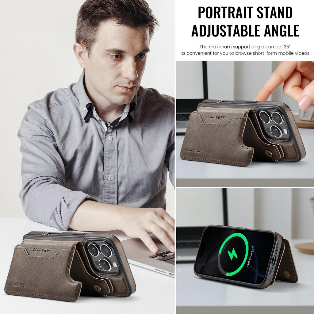 MAGKING K3 Series For iPhone 16 Pro Case Compatible with MagSafe Wallet PC+TPU+PU Phone Cover