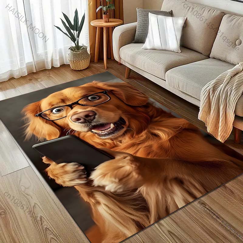 Lustiger Welpe schaut aufs Handy Druck Teppich für Schlafzimmer Wohnzimmer Bettseite Sofa Bodenmatte Moderne Heimdeko Bereichsteppich