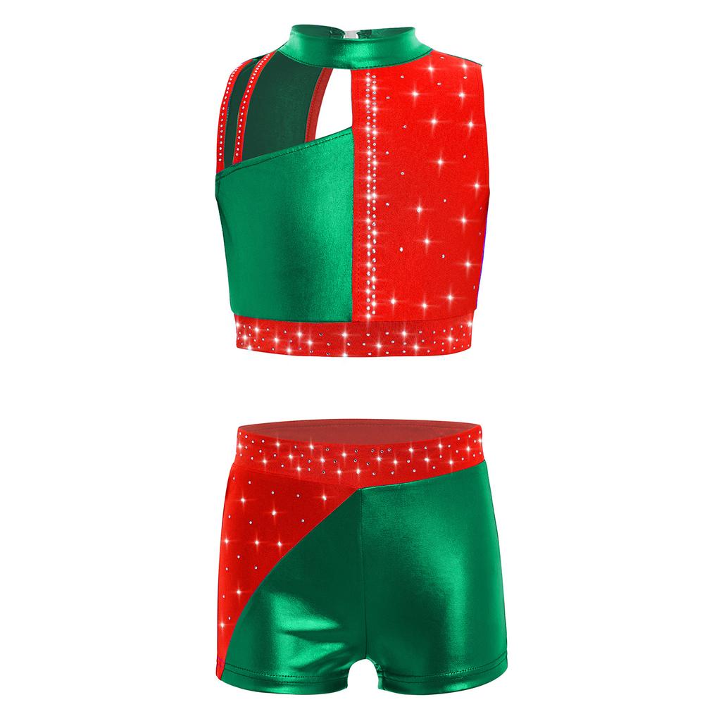 Top Corto da Ragazza con Strass Collo Alto Senza Maniche Blocco di Colore Metallizzato Pantaloncini Outfit Danza Ginnastica