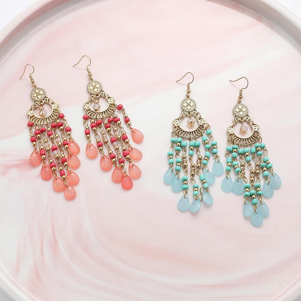 Round acrylic rice beads fringed ear hooks new retro niche design earrings fashion personality temperament earrings