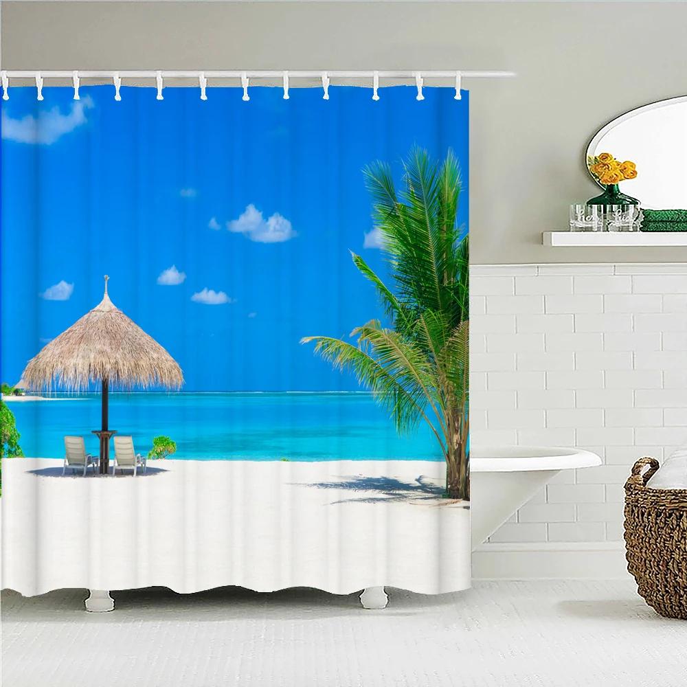 Sunny Beach Palme Meereslandschaft Stoff Duschvorhang Wasserdicht Polyester Badvorhänge für Badezimmer Dekorieren mit Haken