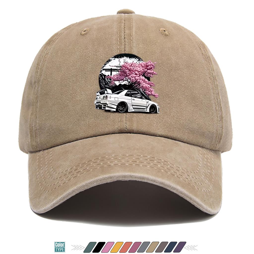 pc Cherry Blossom White Sports Car Print Baseball Cap Adjustable Snapback Hat Suitable for Streetwear Car Culture Road Tr