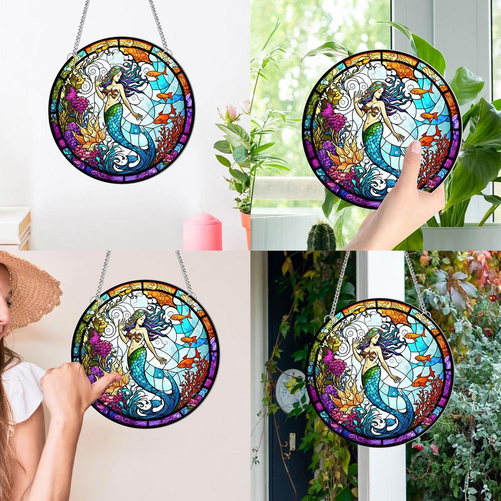 Mermaid Ornament For Wall Colorful Wall Art Panel Double-Sided Sea-Themed Decorative Bedroom Pendant With Chain Hooks For Women