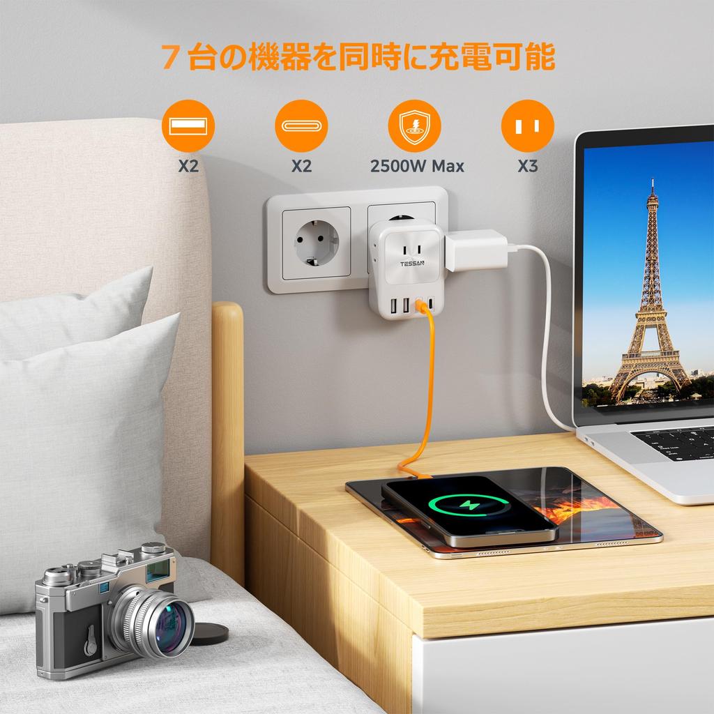 Adaptador Internacional TESSN com 2 Compatível com e outros Europeus Acessório de Viagem Conveniente para Plugue Tipo C Internacional, Portas USB-C 7 em 1,