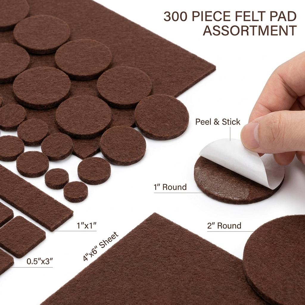 300PCS Value Pack Felt Chair Leg Pads Various Sizes Self Adhesive Furniture Protectors for Hardwood Floor