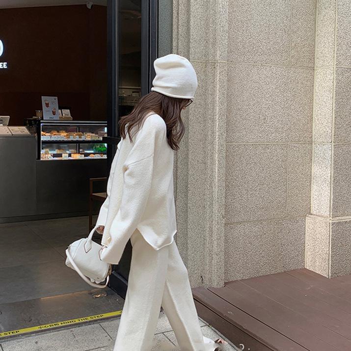 Korean Style Soft and Lazy Style Knitted Suit Autumn and Winter Gentle Round Neck Pullover Sweater Wide Leg Pants Two-piece Set for Women