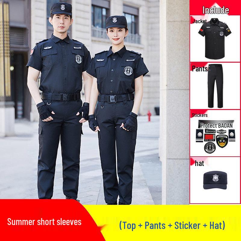 Men's Summer Security Uniform Short-Sleeve Set, Black Duty Training Attire for Property Management Community.