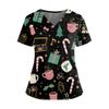 Women's Christmas Print V-Neck Double Pocket Short Sleeves Hem Slit  Uniform And Caregiver Top