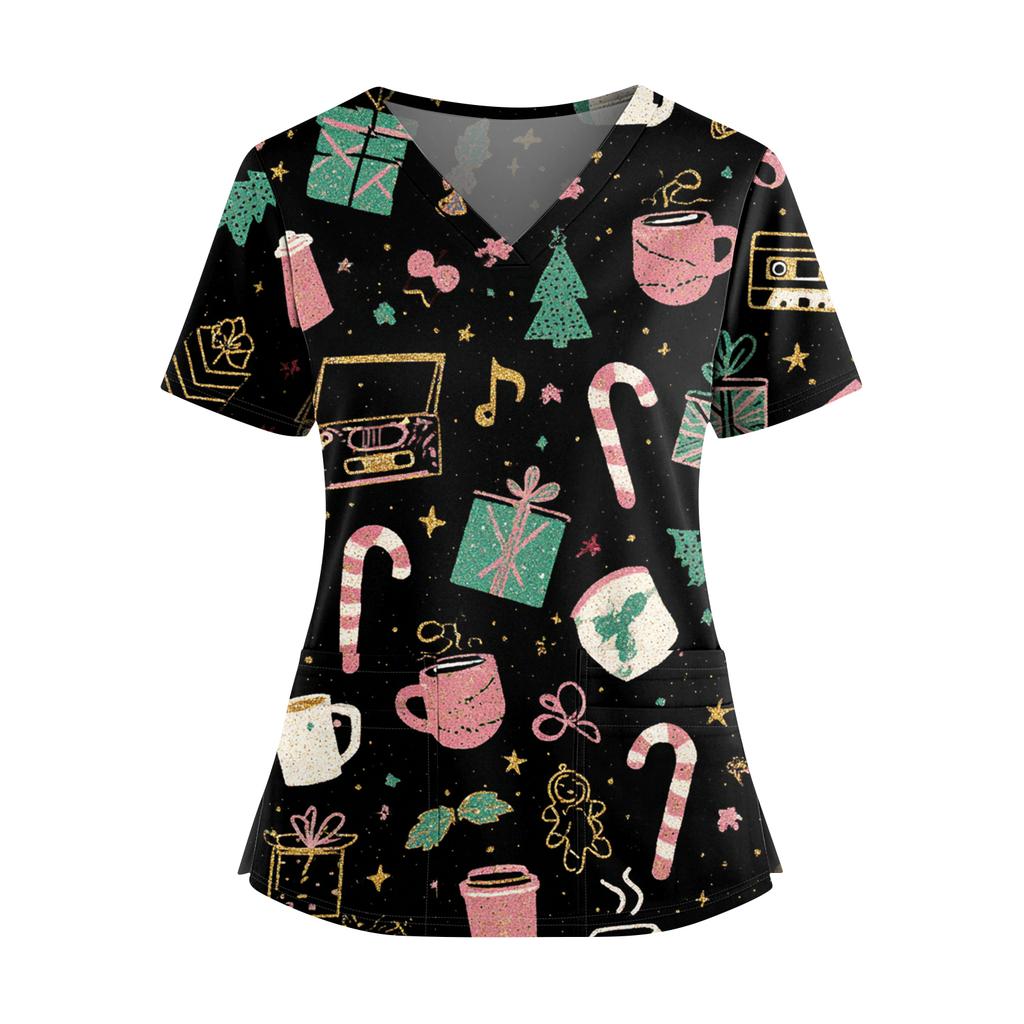 Women's Christmas Print V-Neck Double Pocket Short Sleeves Hem Slit  Uniform And Caregiver Top