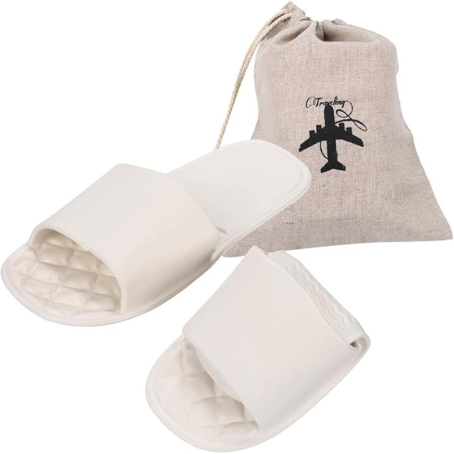 Folding Slippers, Portable Slippers, Anti-Slip, Portable, Washable, Storage Bag Included, Travel, In-Flight, Indoors, School, Airplane (White, M)