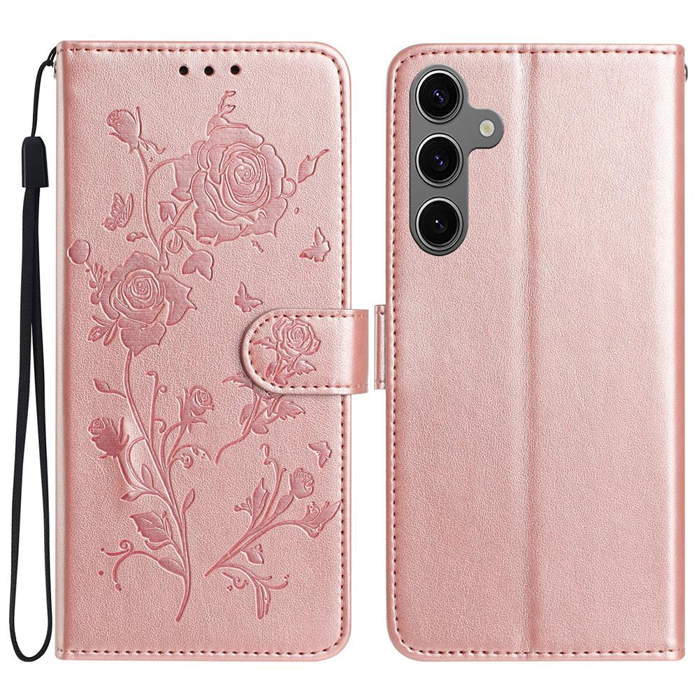 

For Samsung Galaxy S25+/S24+ Wallet Case Rose Pattern Imprinted Leather Flip Stand Phone Cover Rose Gold