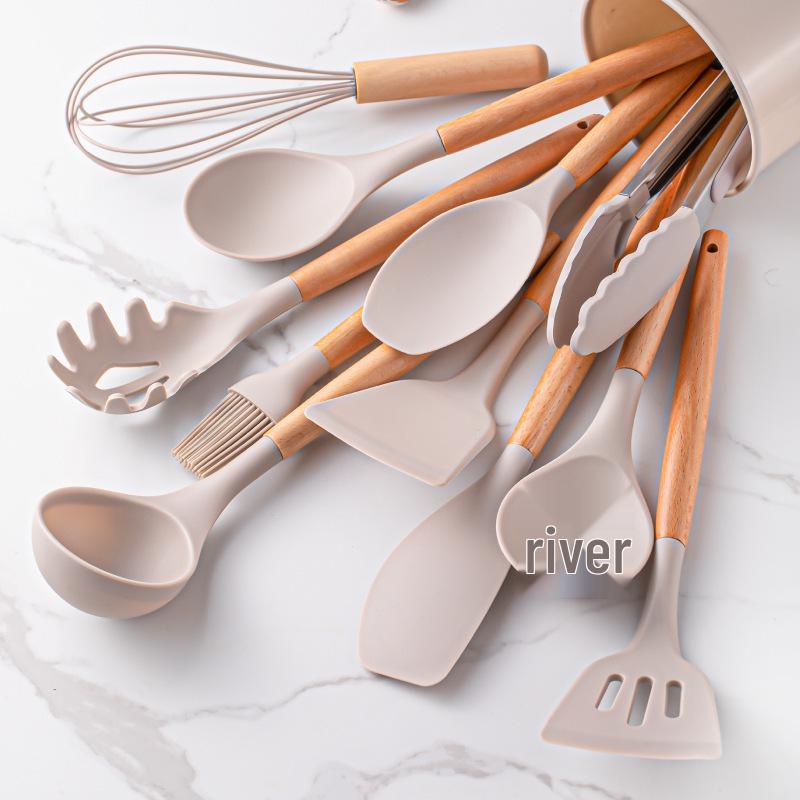 12-Piece Silicone Kitchen Tool Set with Wooden Handles & Storage Bucket