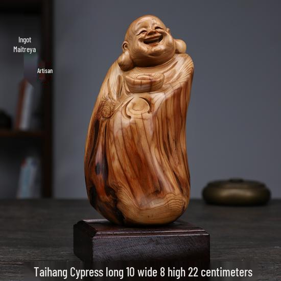Intaglio Radice di Legno di Cipresso di Scogliera: Ornamento Daruma Maitreya Buddha in Legno Massello in Zafferano Dorato e Legno di Rosa Nanmu.