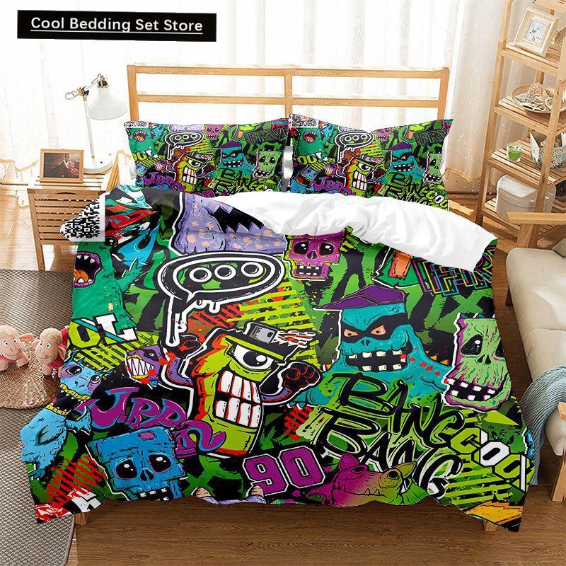 Hippie Graffiti Duvet Cover Set King Queen Size for Kids Boys Youth Polyester Comforter Cover Modern Street Art Bedspread Cover