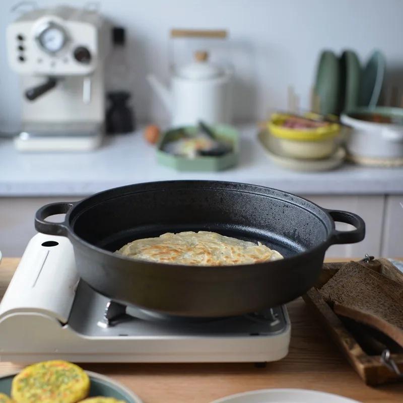 25CM Cast Iron Skillet with Double Handles Frying Pan Baking Tray for Bread Outdoor Cooking Camping Kitchen Dining & Bar