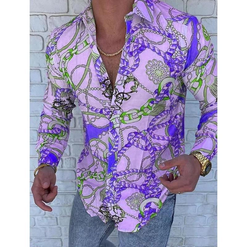 Men's Red Patterned Long-sleeved Shirt Men's Casual Versatile Fashion Street Men's Shirt Lapel Single-breasted Long Sleeve