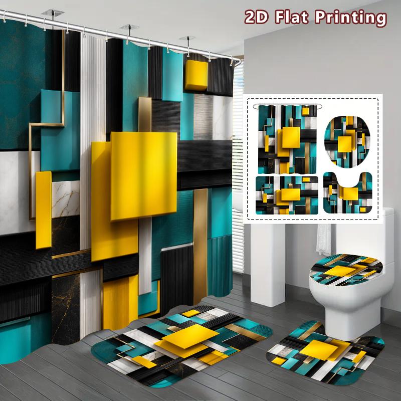 4Pcs Geometric Squares Shower Curtain Set with Non-Slip Bath Mat, Toilet Lid Cover, Contour Rug & 12 Hooks, Bathroom Decor