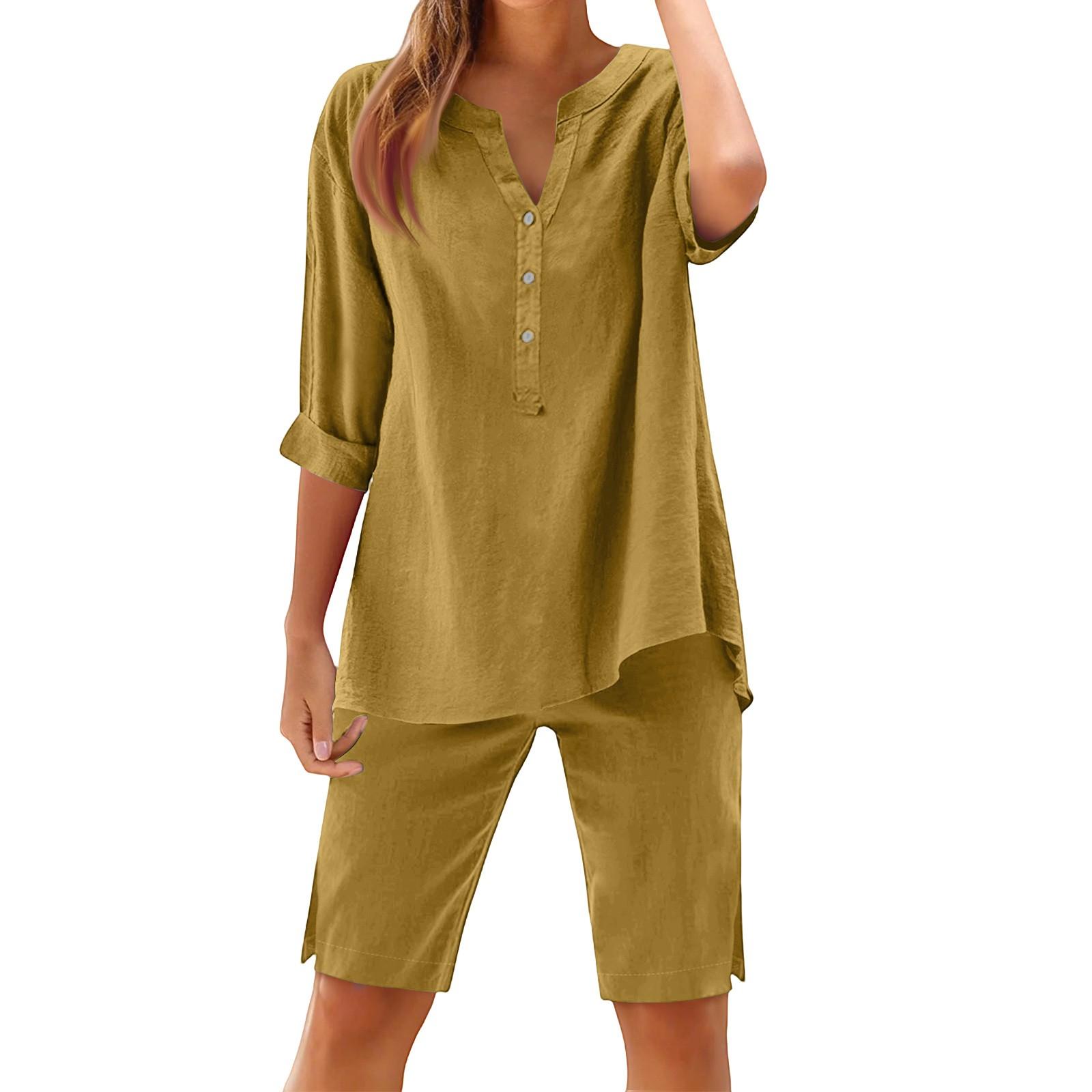

Женский свободный модный однотонный хлопковый льняной комплект с длинным рукавом и шортами на пуговицах XXL жёлтый