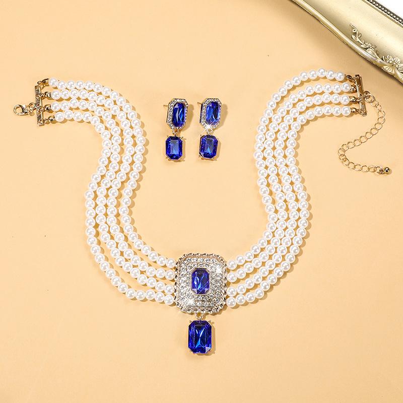 Multi-layer Bridal Anti-Pearl Earrings Necklace Geometric Crystal Full Diamond Necklace Set Choker Female
