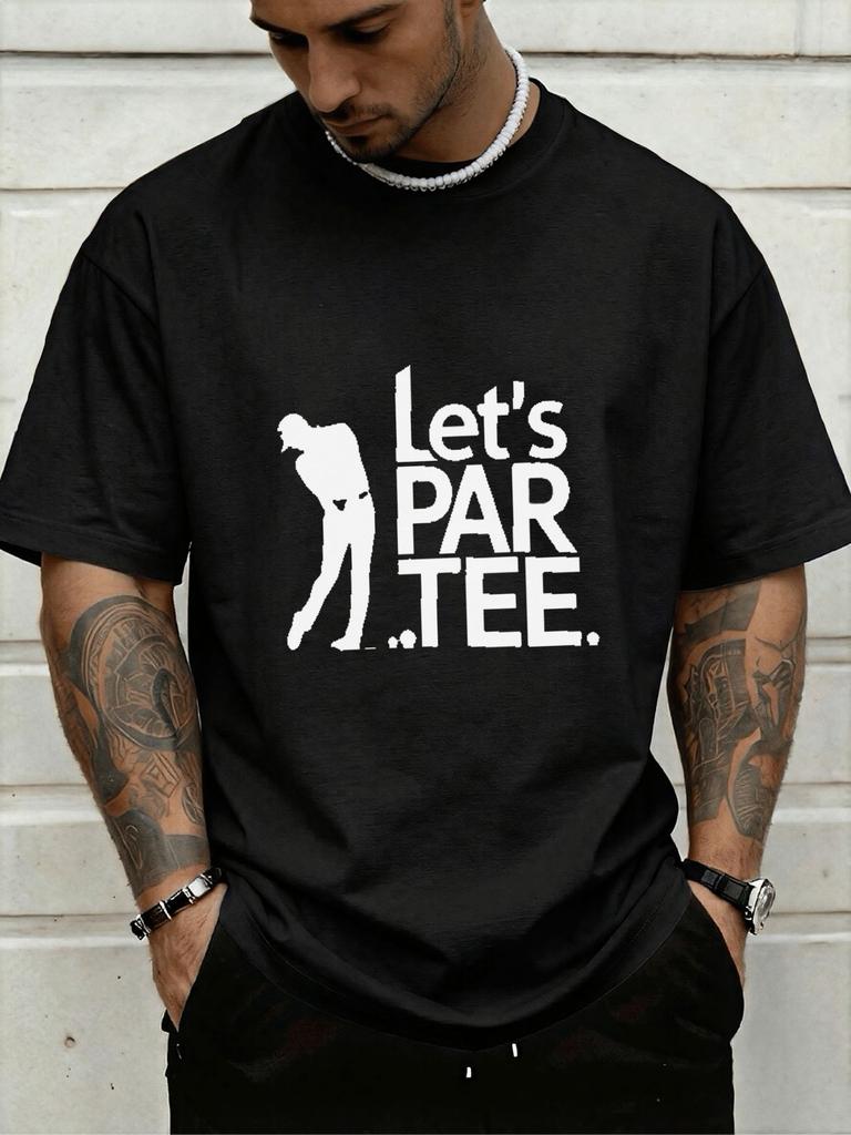 Golfer Silhouette And Lets Par Tee Funny Text Front Print Unisexs Crew Neck Short Sleeve Tee Casual Daily Soft Basic Wear Top