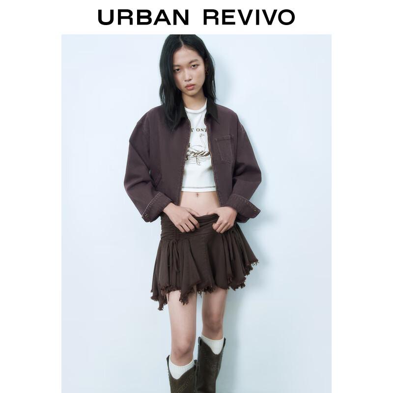 

UR 2025 Весенняя женская винтажная выстиранная куртка-колорблок с воротником на молнии в стиле кэжуал S