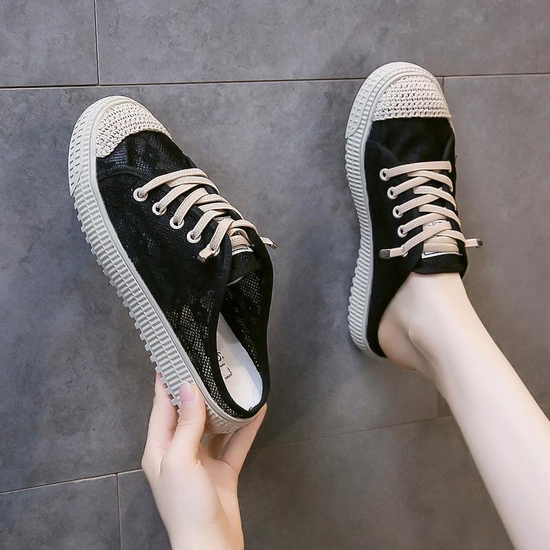 Modne, grube, słomkowe, koronkowe półpantofle rybackie Baotou dla kobiet, idealne na letnie wyjścia w 2024 roku, koreańskie, leniwe, siateczkowe sandały