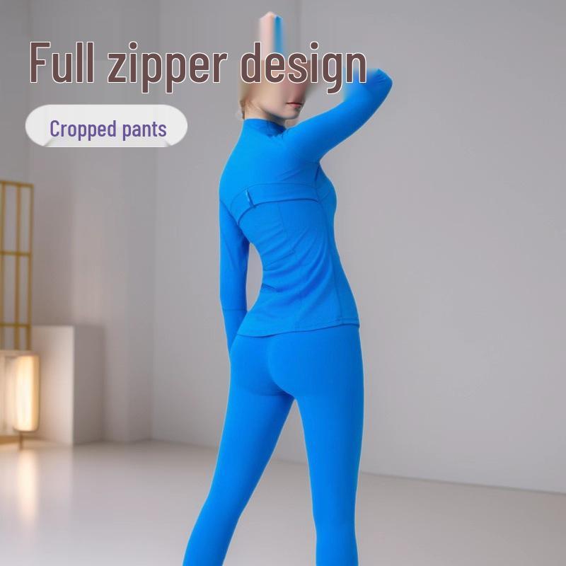 Lulu Original Yoga Anzug: Schnelltrocknendes Set mit Stehkragenjacke & Elastischer Neun-Punkt-Hose, Goldener Reißverschluss.