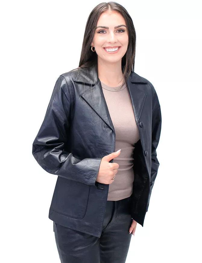 

Стильный классический пиджак из натуральной кожи черного цвета с пуговицами для женщин 3XL чёрный