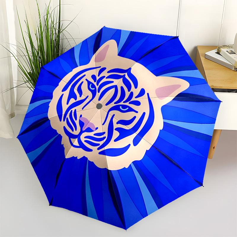 

1pc Tiger Blue Automatic Opening/Closing Folding Umbrella with 8 Ribs, Plastic Handle, Windproof Portable Sunshade Umbrella yy251222192