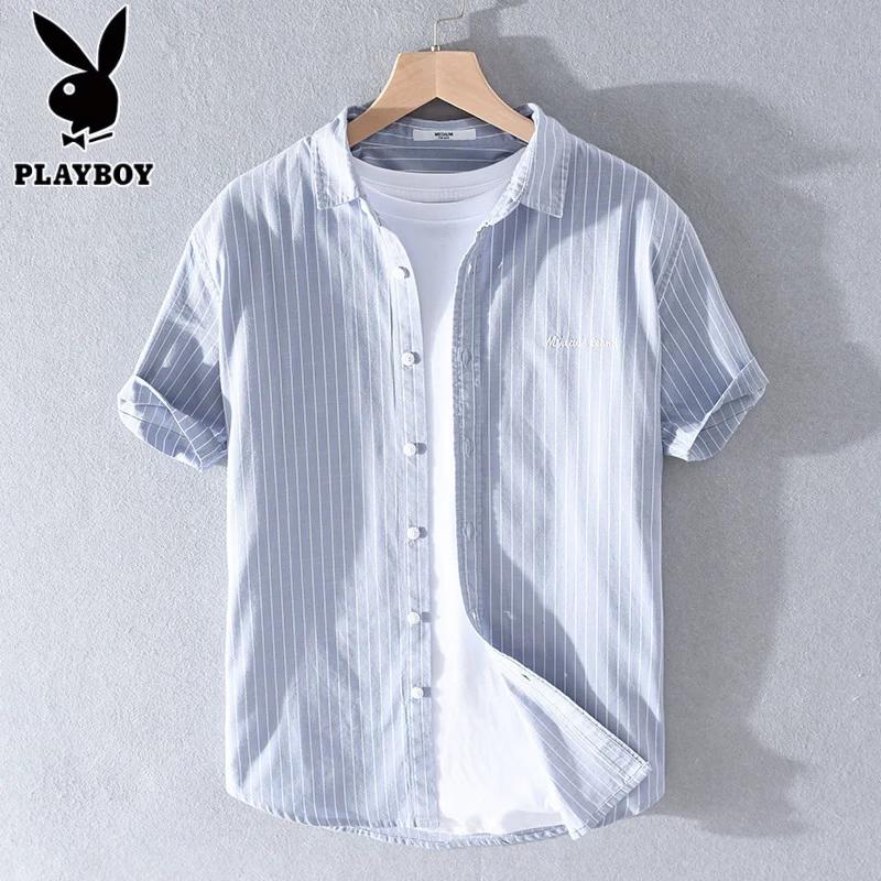 PLAYBOY Men's Short-Sleeve Striped 100% Cotton Casual Shirt
