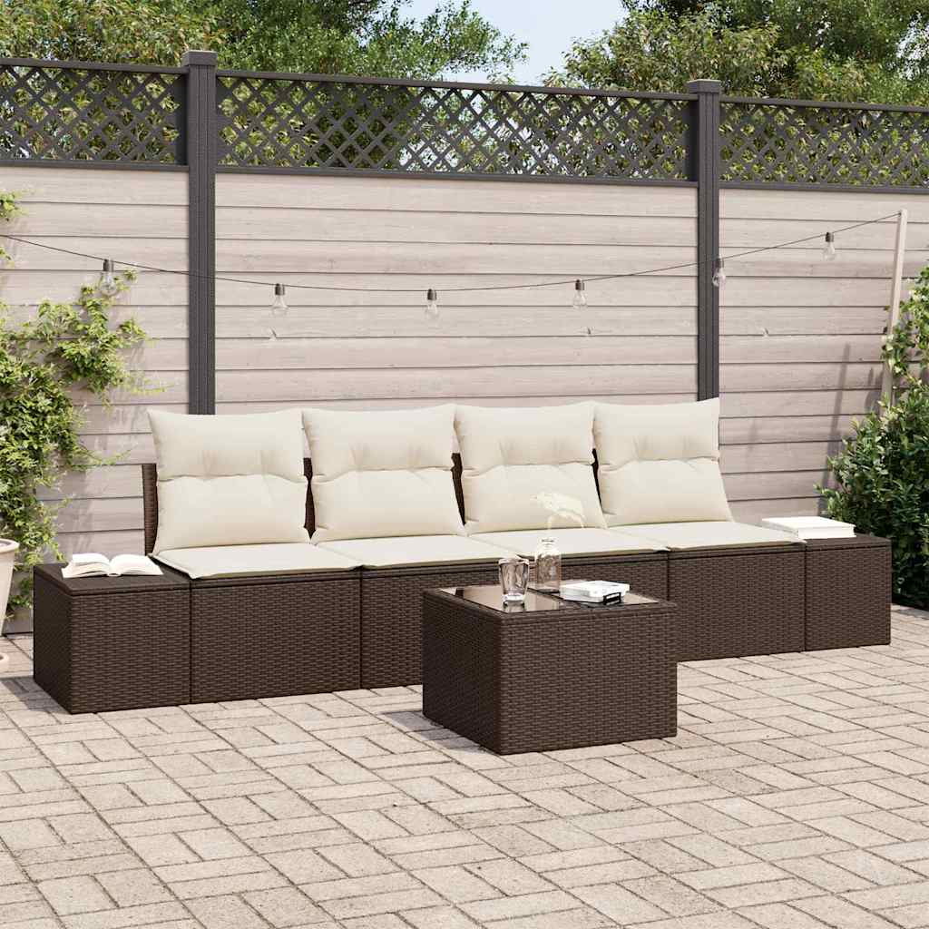 5 Piece Sofa Set with Cushions in Brown and Cream Poly Rattan