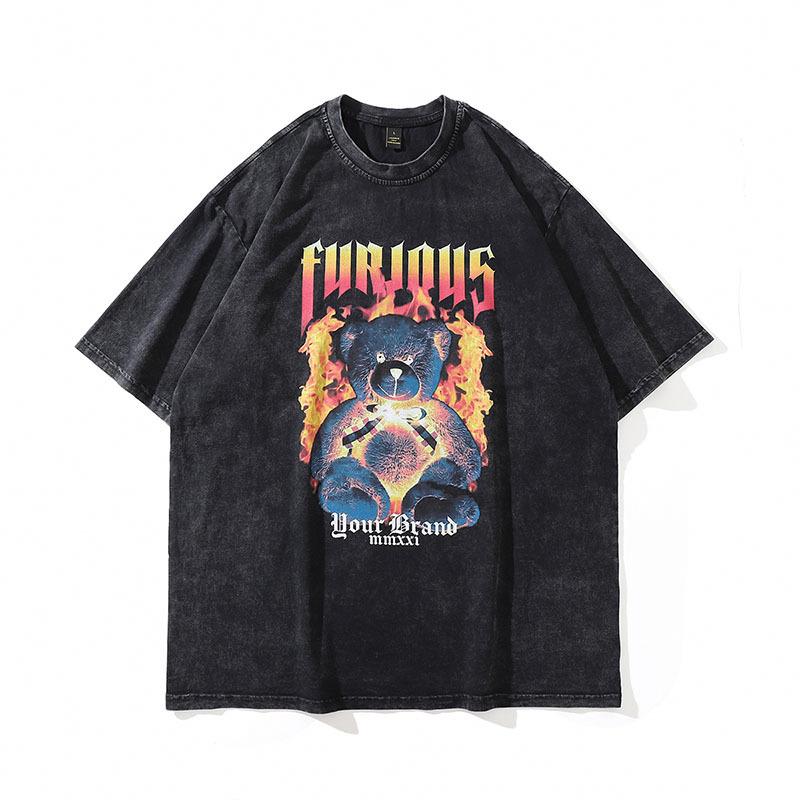 European And American Hiphop Retro Skull Print Washed Old Short-Sleeved T-Shirt Men'S And Women'S Vintage Hip-Hop Vintage