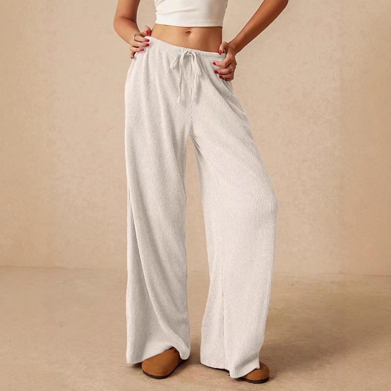 Women Comfortable Casual Drapery Bandage High-Waisted Solid Color Loose Fit Wide Leg Pants