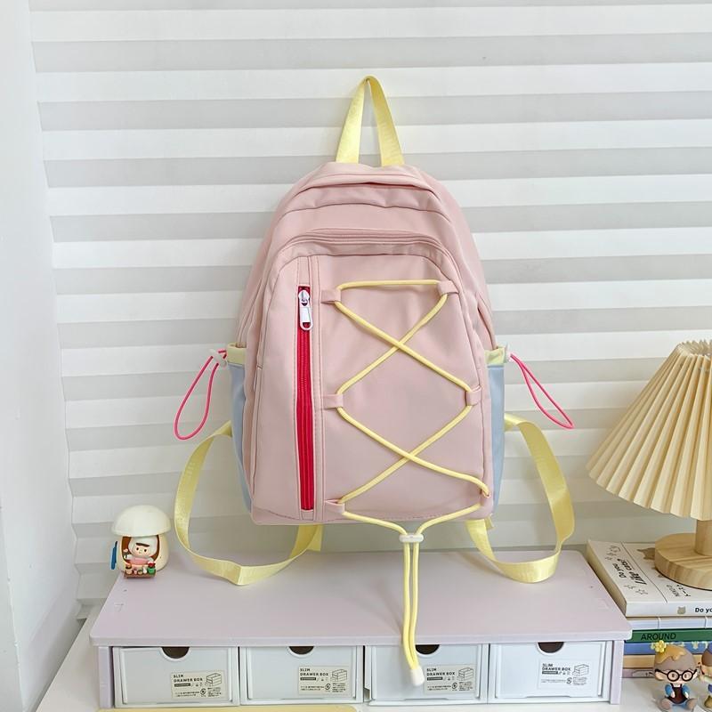 High School Student Backpack With Contrast Stitching In Nylon For Daily Travel And School Use Pink Small