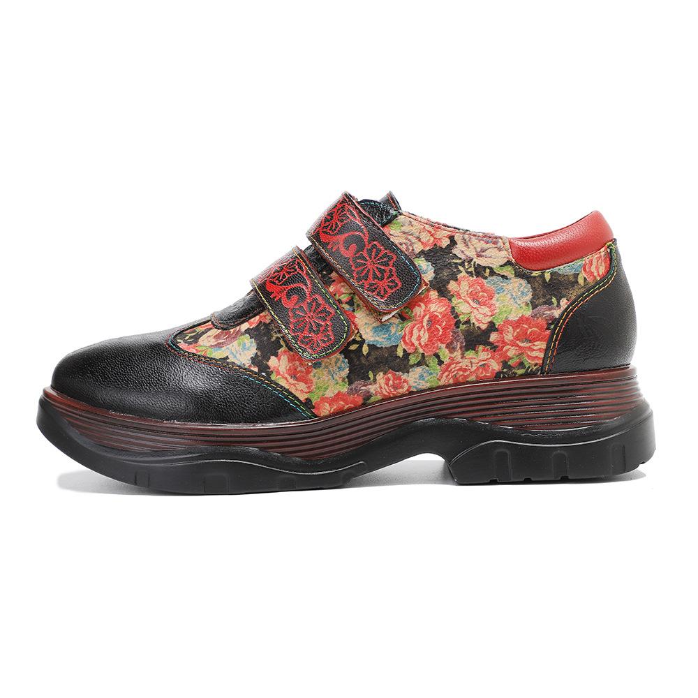 Johnature Retro Women Flats Shoes Genuine Leather Patchwork Printed Round Toe Comfortable Casual Platform Shoes